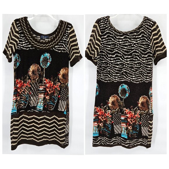 P. Luca Milano Midi Knit Dress Medium Brown Floral Sequin Bling Short Sleeve - Picture 1 of 11